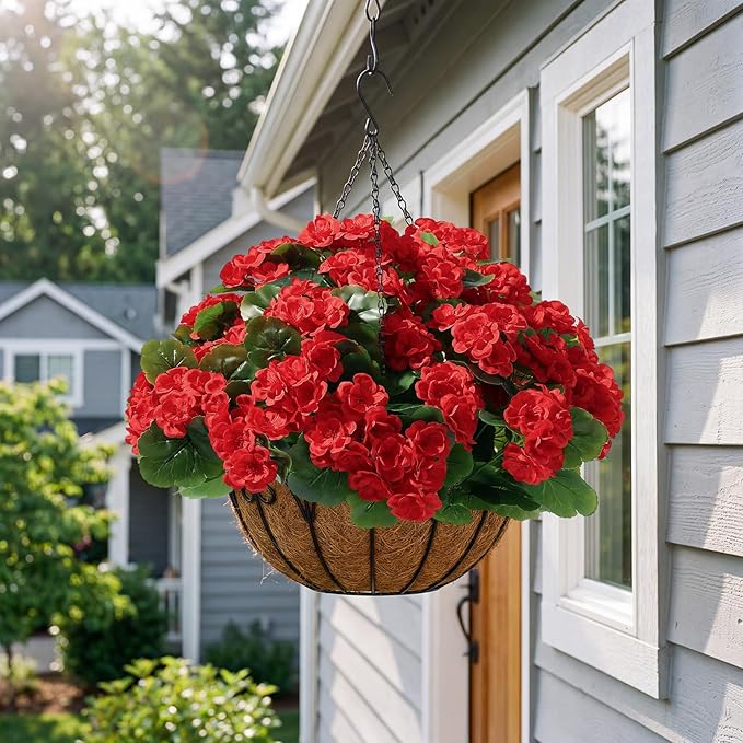 Alupssuc 24Pcs Artificial Geranium Flowers for Outdoors Decoration Silk Floral, UV Resistant Fake Plants, Faux Flower for Porch Garden Table Centerpieces Home Indoor Outside Spring Decor(24, Red)