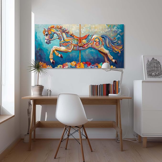 Ggaafet Colorful Carousel Wall Art for Bedroom Canvas Oil Painting Prints Beautiful Circus Horse Art Deco Modern Artwork Office Family Dining Room Decor