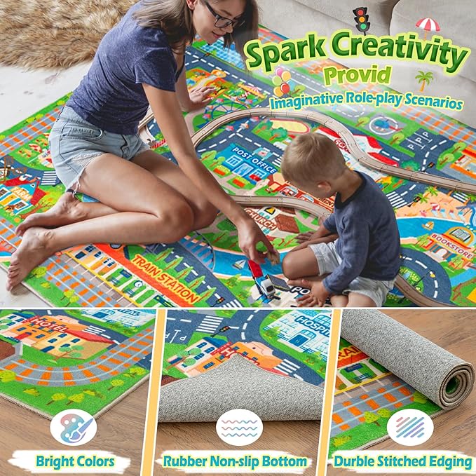 Car Rug Play Mat for Kids Toy Cars, Road Traffic Playmat for Kid Bedroom, Non-Slip Machine Washable Town City Race Track Carpet for Learn and Have Fun 5'x7'/ 60"x84"