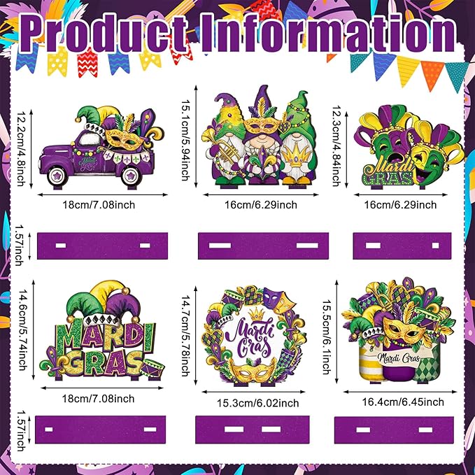Cinnvoice 6 Pcs Mardi Gras Table Decorations Wooden Table Centerpieces Rustic Wood Tabletop Sign Decorations for Home Kitchen Office Farmhouse Desk Shelves Party Tiered Tray Decor