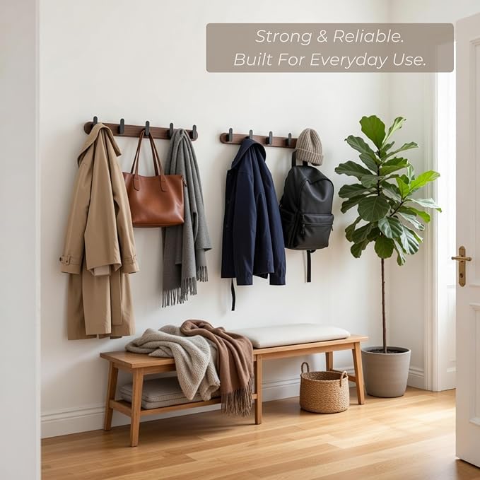 Jugen Coat Rack Wall Mount – Solid Black Walnut with 5 Heavy Duty Matte Black Hooks, Wooden Wall Coat Rack for Entryway, Coats, Hats & Bags - 19.7in, No Drill Adhesive or Hidden Screw Mount (2)