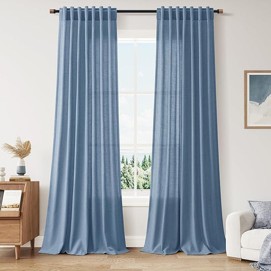 Linen Stone Blue Curtains 108 inch Living Room Back Tab Light Filtering Semi Sheer Drapes Modern Simplicity Farmhouse Coastal Decor for Floor to Ceiling High Window 52x108,2 Panels