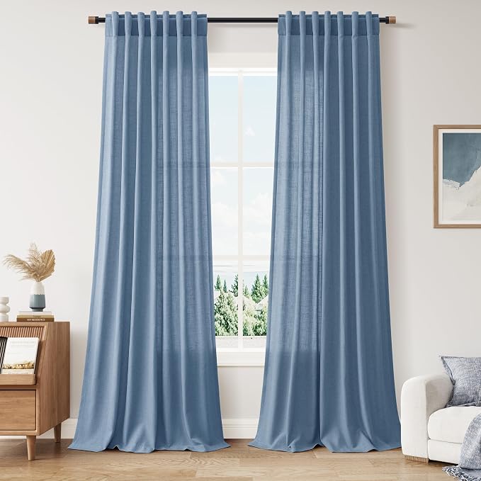 Extra Long Curtains 102 Inches for Living Room/Bedroom Stone Blue Back Tab Rod Pocket Light Filtering Semi Sheer Drapes Cotton Linen Textured Window Curtain 102 Inch for Bedroom 9 FT,2 Panels