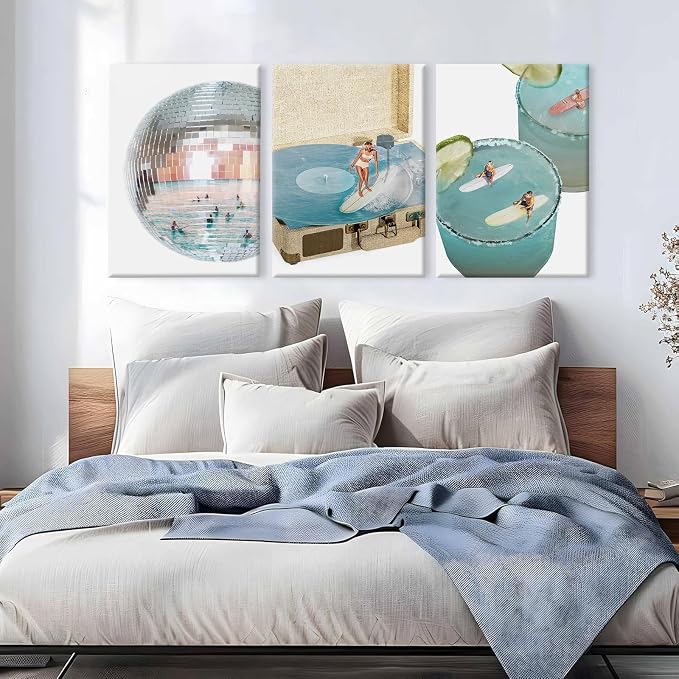 Blue Coastal Groove Wall Art Retro Disco Beach Canvas Poster Summer Surf Wall Decor Trendy Coastal Pictures Ocean Painting Preppy Aesthetic Prints Funky Artwork for Bedroom 16x24 Inch Ready to Hang