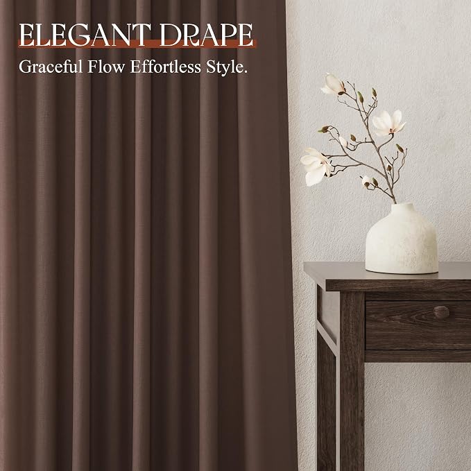 Jowels Coffee Linen Curtains 108 Inch Long 2 Panels for Living Room | Brown Light Filtering Semi Sheer Curtain,Back Tab Pocket Pleated Look,Farmhouse Textured Privacy Drapes for Bedroom Window
