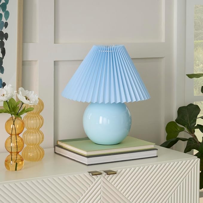 Nourison Home 13" Light Blue Ceramic Round Lamp with Pleated Shade for Bedroom, Living Room, Console, Entryway (Pack of 1)