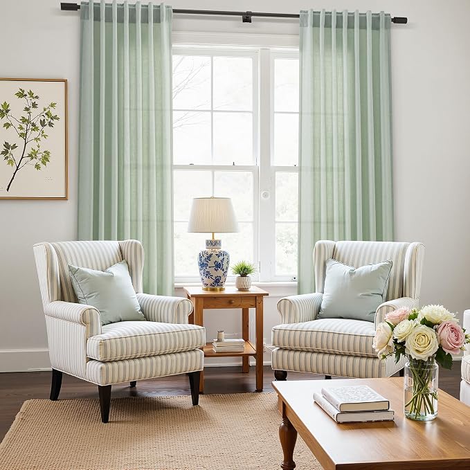 Nanspring Extra Long Linen Curtains 108 Inch Length for Living Room 2 Panels Set Back Tab Neutral Privacy Drapes Semi Sheer Light Filtering for Bedroom Boho Floor to Ceiling Aqua Green W50 x L108