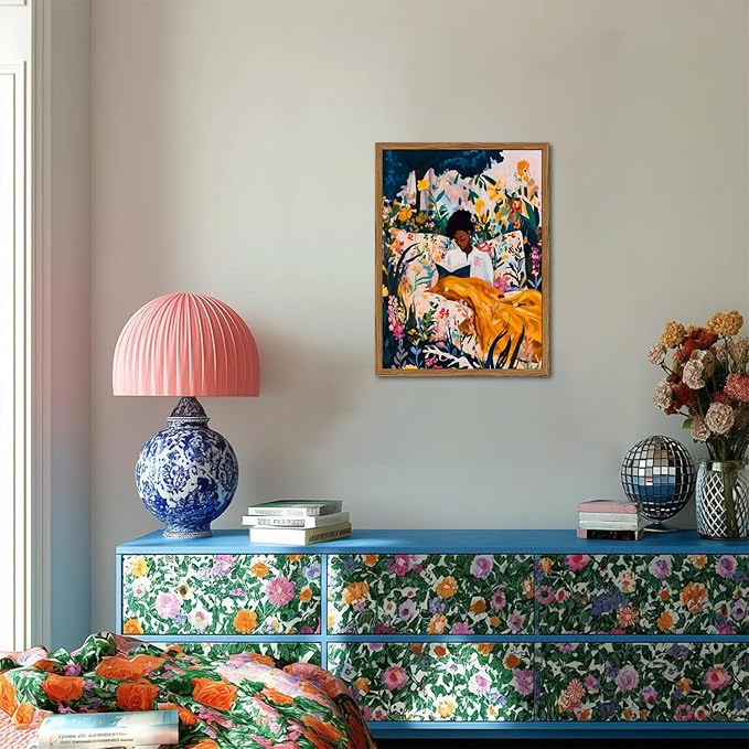 Framed Black Woman Reading Wall Art, Boho Black Girl Colorful Floral Paintings Wall Decor, African American Pictures Canvas Prints Aesthetic Home Decor for Living Room Bedroom Dorm 16x24 inch