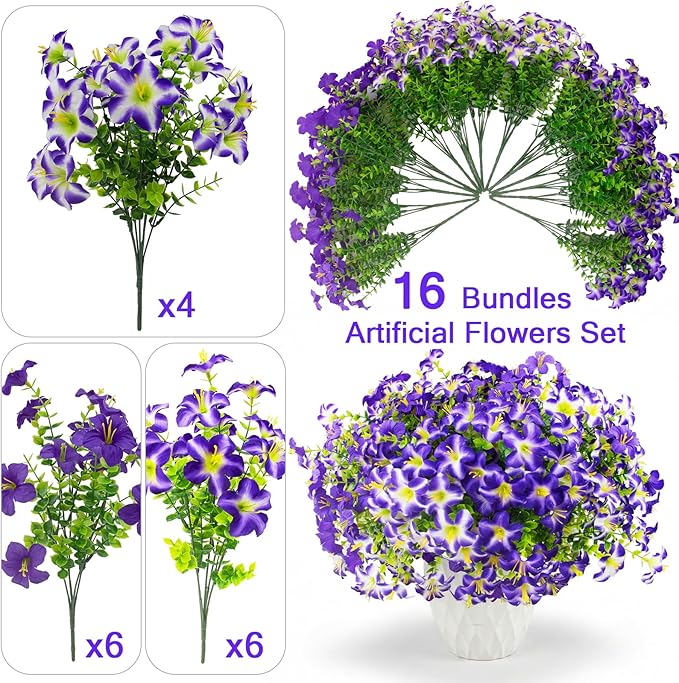 Daynight 16 Pcs Faux Petunias Artificial Flowers for Outdoors, UV Resistant Fake Purple Petunias Plants Realistic Silk Flowers for Porch Front Door Garden Window Outside Decor (16, Purple)