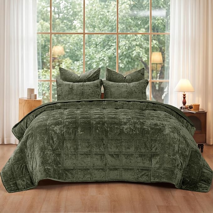 PHF Ultra Soft Velvet Quilt Set Twin Size – 2PCS Luxurious Cozy Quilted Comforter Alternative with Diamond Pattern, Warm Quilted Bedspread Coverlet, 68" x 92", Smokey Olive