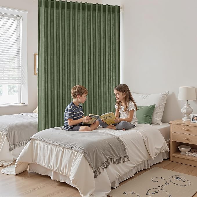 Olive Green Large Window Curtains Light Filtering Semi Sheer Privacy Linen Textured Curtain for Patio Sliding Glass Door Extra Wide Rustic Farmhouse Drapes for Living Room Bedroom Sunroom 100x90 Inch