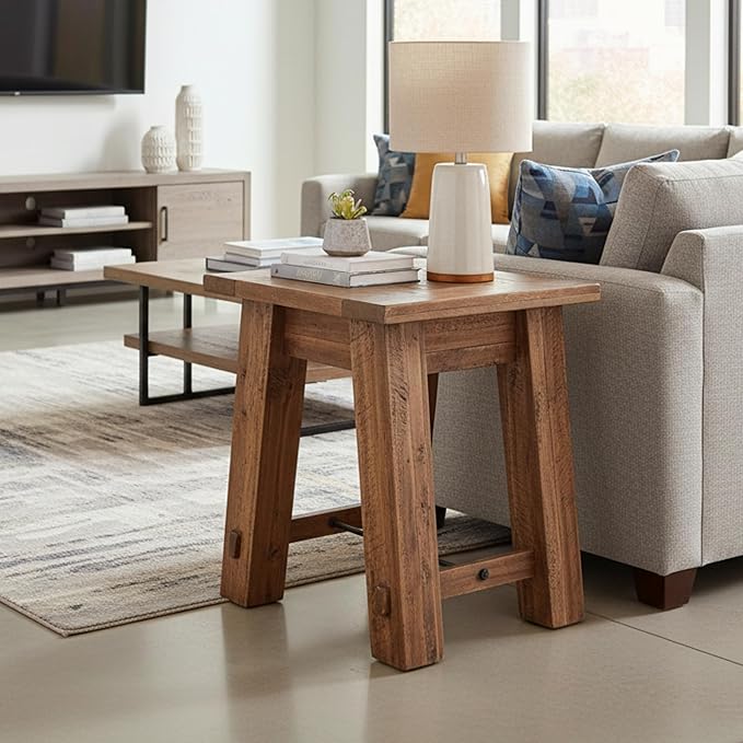 Alaterre Furniture Durango Solid Wood Side Table with Metal Accent, 27-Inch | Rustic Industrial Nightstand and End Tables, Storage Shelf, Metal Accent, Natural Grain, for Living Room, Bedroom, or Office