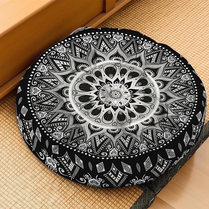 Mandala Meditation Cushion, Boho Meditation Mat, Meditation Pillows for Sitting on Floor, Cushions for Sitting in Home and Outdoor, Round Floor Pillows Cushion Seating for Yoga Accessories 22'' X 22''