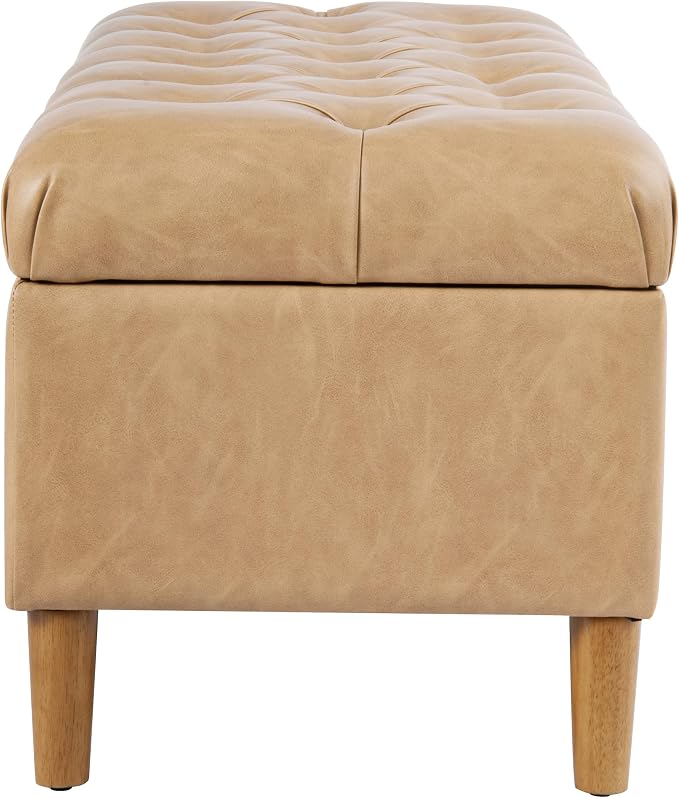 HomePop 40" Button Tufted Storage Bench with Cone Wood Legs - Sand Faux Leather