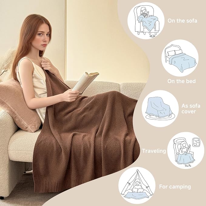 Simple&Opulence 100% Cotton Blanket King Size, Solid Color Cable Knitted Blanket Super Soft Comfortable Breathable Decorative Farmhouse for Couch Sofa Bed, All Season Use(Coffee,104x90)
