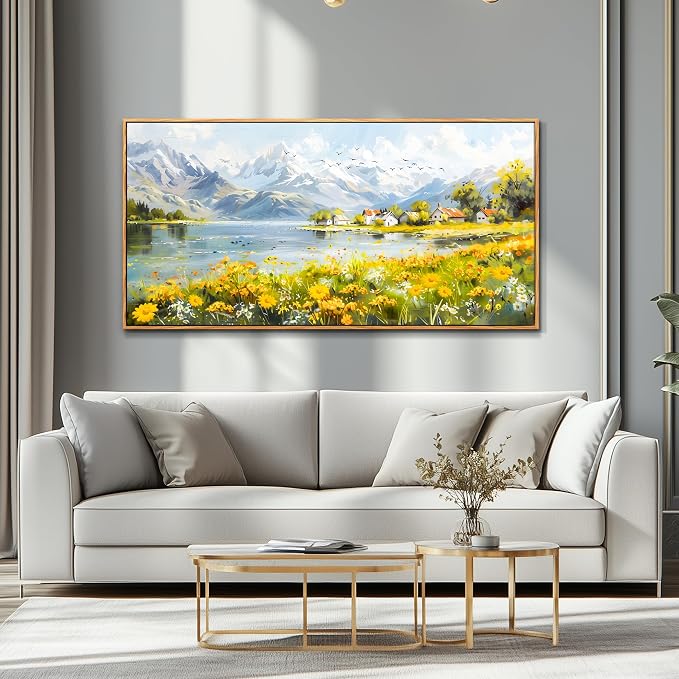 XIGUANGART Oversized Wall Art, Floral Wall Decor, Framed Wall Art, Landscape Mountain Art Prints, Spring Wildflowers Cottage Paintings for Living Room Dining Room Farmhouse Office Hotel 30"x60"
