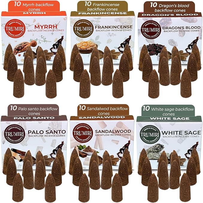 Woody - Backflow Incense Cones for Waterfall - Scented Inscents-Cones - Sandalwood, Dragons Blood, Palo Santo, White Sage - Insiensos Aromaticos - 6x10=60 Large Variety Pack - Back Flow Down Reverse