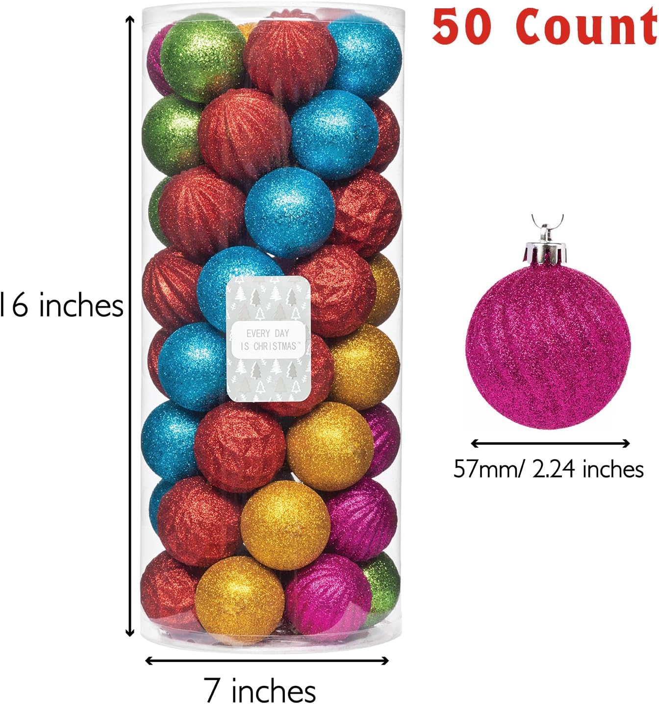 Every Day is Christmas Ornaments, Shatterproof Christmas Tree Ornament Set, Christmas Balls Decoration 50 Count (2.24"/57mm, Textured Rainbow)