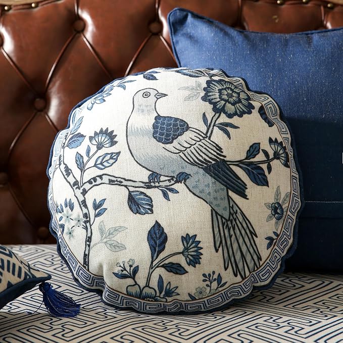 bilin gaier Vintage Round Linen Throw Pillow Cover,Diameter 16"-Suqing A | Designer Elegant Pillow Cover,Concealed Zipper Design,Blue Floral and Bird Pattern,Sofa,Bedroom,Living Room,Chairs