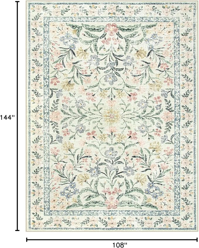 Wonnitar Large Rugs for Living Room, Soft Washable Floral 9x12 Area Rug for Bedroom, Boho Non-Shedding Foldable Carpet for Kids Playroom Apartment Home Decor