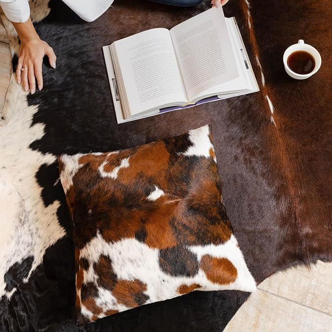 ecowhides 100% Genuine Brazilian Cowhide Pillow Cover – Tricolor, Brown, Black & White – Double-Sided – Luxury Leather Decorative Cushion for Rustic & Western Home Décor – 20” x 20”