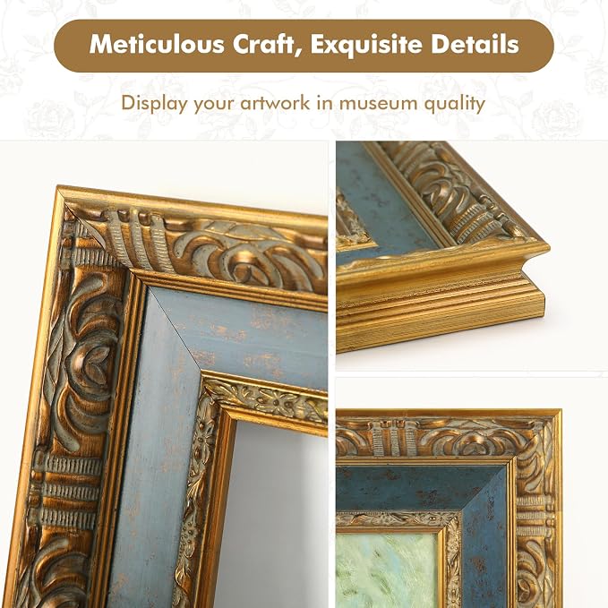 Classical DIY Wood Plein Air Frame for 20x24 Handmade Paintings, 3.7" Wide Antique Sculpted Art Frame for Artists Exhibition Gallery Show Memorial Portrait, No Glass Cover & Backing (Blue Gold)