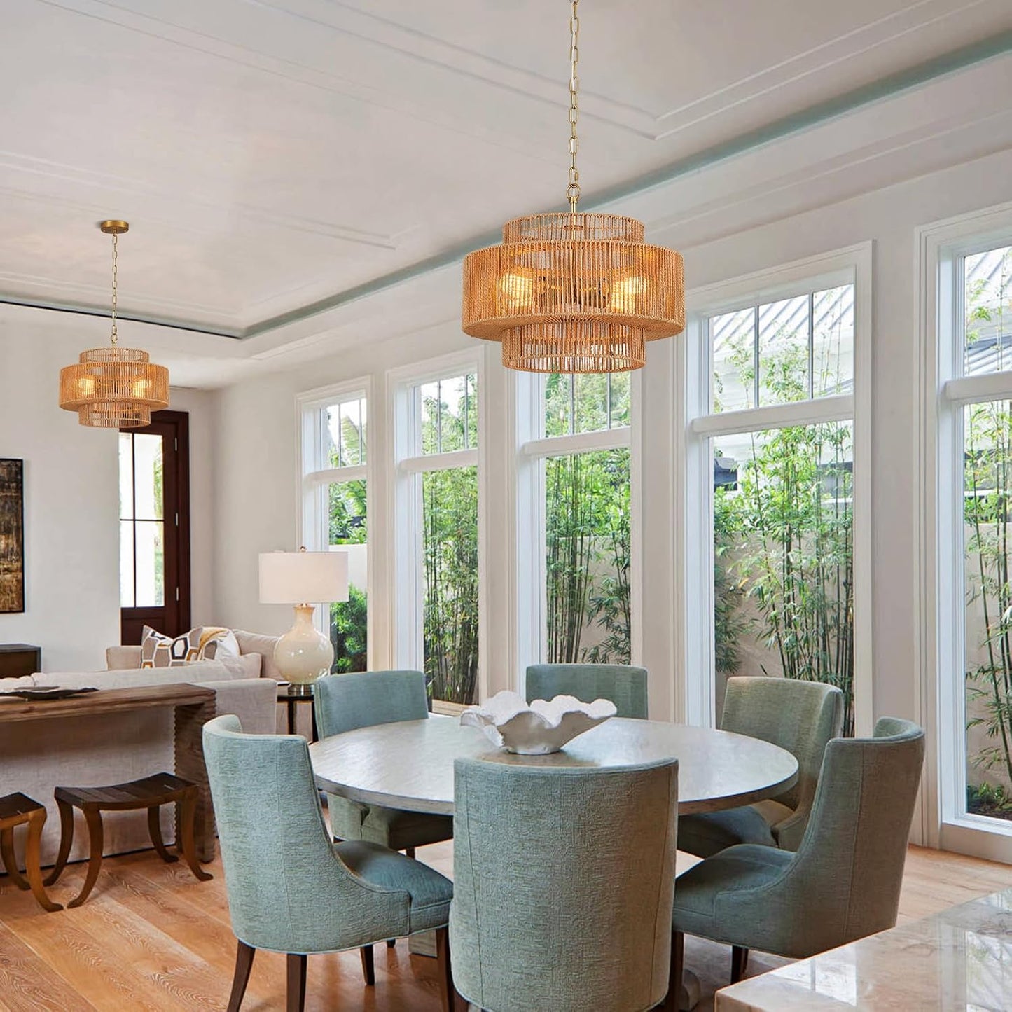 17.7" Boho Rattan Chandelier Light Fixture 4-Light Hand-Woven Bamboo Vintage Farmhouse Chandelier Drum Wicker Golden Chandeliers for Dining Room, Kitchen Island, Bedroom, Foyer