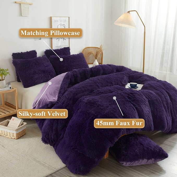 XeGe Plush Shaggy Duvet Cover Set, Luxury Ultra Soft Crystal Velvet Fluffy Furry Bedding Sets 3 Pieces(1 Faux Fur Fuzzy Comforter Cover + 2 Faux Fur Throw Pillow Shams), Zipper Closure (King, Purple)