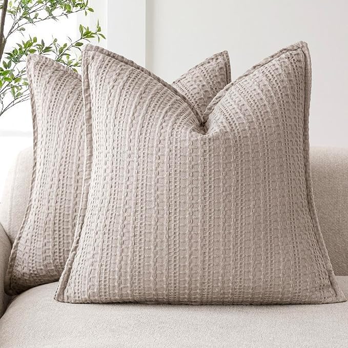 Foindtower Set of 2 Decorative Cotton Waffle Weave Throw Pillow Covers Euro Shams Cushion Covers Accent European Pillowcase for Bed Couch Sofa Bedroom Living Room Home Decor 20×20 Inch Tan Beige