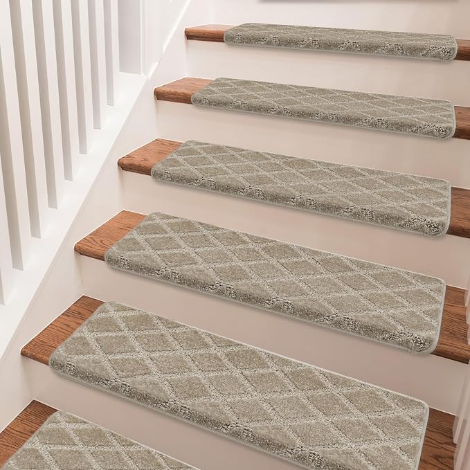 PURE ERA Bullnose Carpet Stair Treads Tape Free Non-Slip Indoor Stair Protectors Pet Friendly Stair Treads for Wooden Steps 9.5" x 30"(14 Pieces, Cream Gray Diamond Trellis)