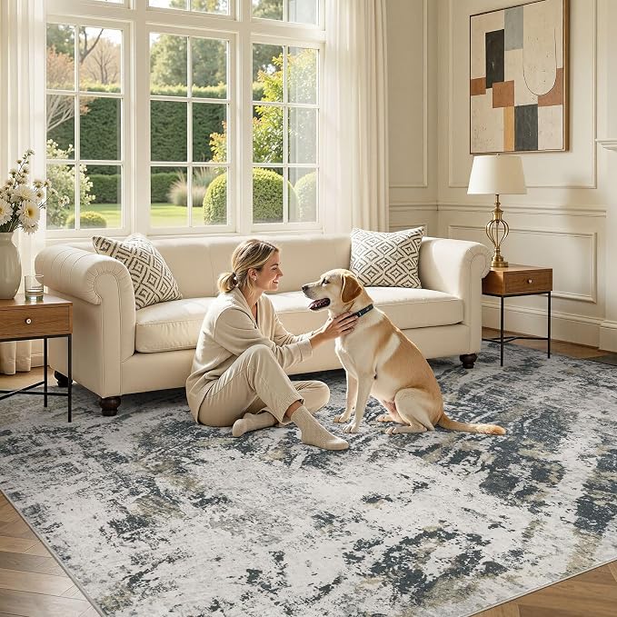 DMOYEST Area Rug Living Room Rugs - 9x12 Large Soft Indoor Neutral Modern Abstract Low Pile Washable Rug Carpet for Bedroom Dining Room Farmhouse Home Office-Black Gold/Grey