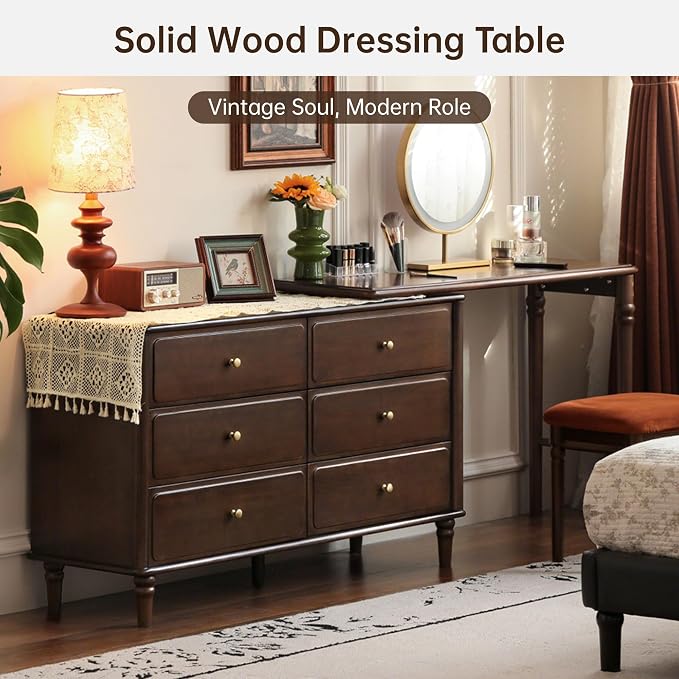 97" Large Vanity Desk with 6 Drawers, Poplar Wood Makeup Table for Bedroom, Space-Saving Narrow Design for Living Room, No Chair No Mirror
