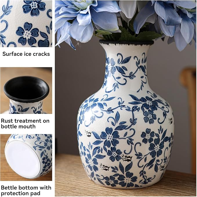 SURE YUESI Blue and White Flower Vase Vintage Chinoiserie Floral Ceramic Vase Handcrafted Round Flower Vase for Home Decor Centerpieces Living Room, Bookshelf, Office Rustic Table Centerpiece 9 in