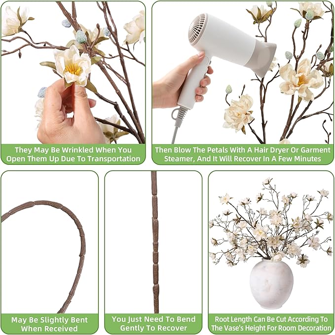 HyeFlora 3PCS Artificial Magnolia Flowers Stems for Spring Decoration, Faux Champagne Magnolia Branches with Buds, 34.5" Long Stems Floral Arrangement for Vase Pot Table Centerpiece Indoor Decor