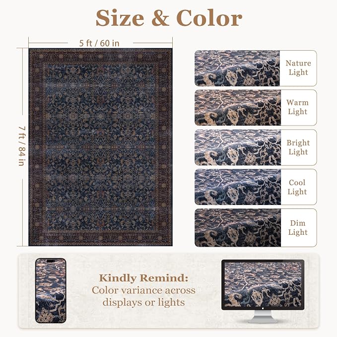Dark Blue 5x7 Area Rugs, Vintage Old Money Aesthetic Maximalist Print Rugs for Living Room Bedroom, Washable Non Slip Ultra Thin Carpet Rug for Dining Room Home Office