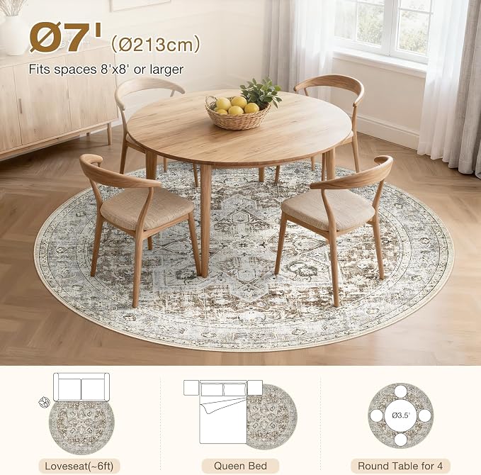 Tortania 7' Round Area Rug Living Room Rugs - Washable Boho Rug Vintage Oriental Distressed Farmhouse Large Thin Indoor Carpet for Bedroom Under Dining Table Home Office - Brown Blue