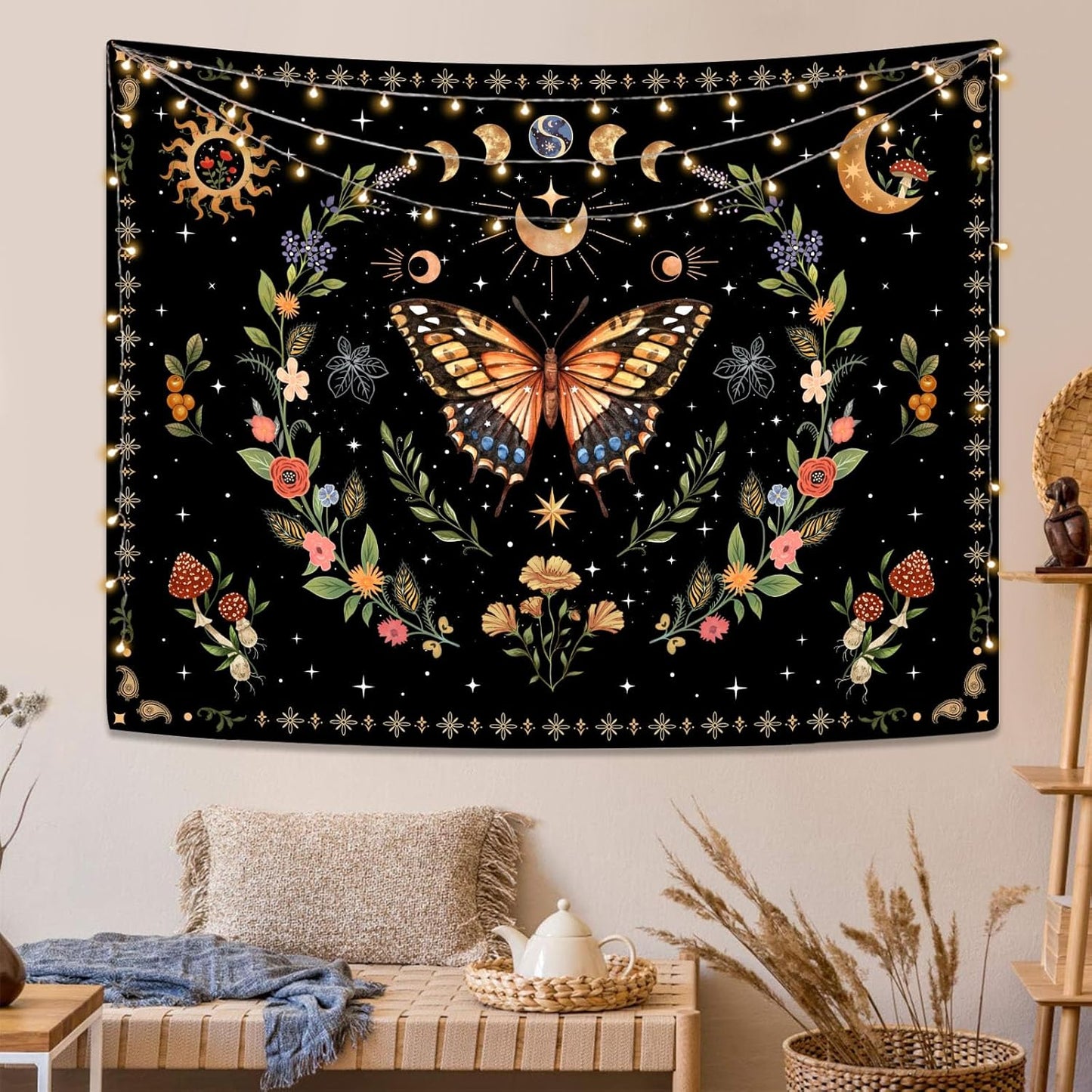 Lunerfex Boho Butterfly Tapestry Flower Moon Wall Tapestry, Moon Phases Tapestries for Bedroom Cute Tapestries Wall Hanging for Bedroom Living Room Decor Butterfly-1 70"x90"