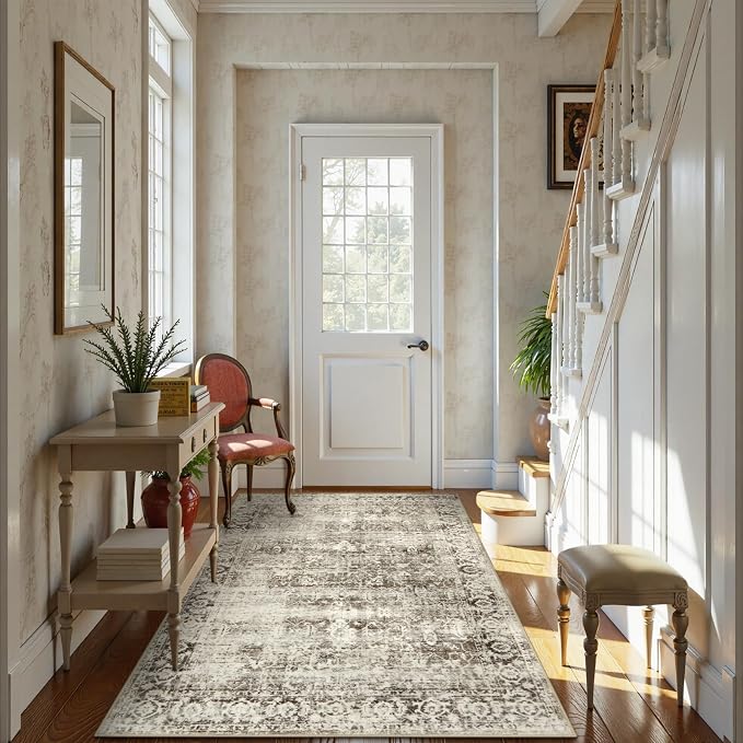 Lahome Margot Washable Rugs 5x7 Boho Living Room Area Rug,Soft Throw Bedroom Area Rug,Retro Distressed Non-Slip Low-Pile Accent Rug Indoor Carpet for Entryway Office Home Decor(5 x 7,Beige)