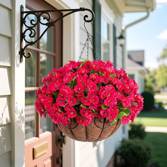 Ammyoo Artificial Hanging Flower Plants with Basket for Outdoor Decoration, Faux Petunias Flowers Fake Morning Glory Planter for Outside Patio Garden Porch Balcony Yard Decor(Rose Red)