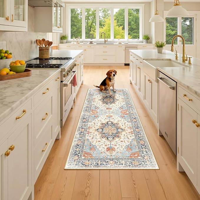 RELEANY Area Rugs 2'6''x5' Runner Rug Non Slip Washable for Kitchen Hallway Bedroom Beside Laundry Room Bathroom Rug, Floor Carpet, Beige Navy Blue Orange Colorful