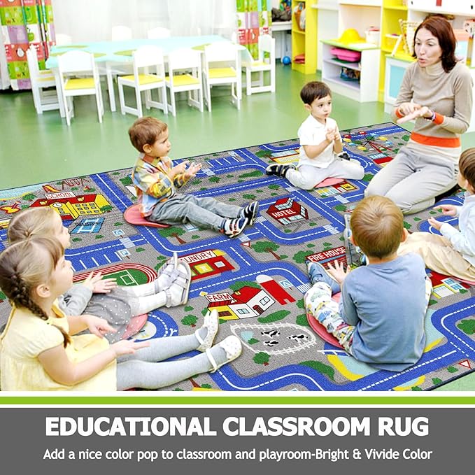 Capslpad Blue Car Road Kid Rug Carpet Playmat for Playoom Traffic Road Kids Play Mat for Toddler Non Slip Washable City Map Race Track Carpet Rug for Kids Room Playroom Classroom Decor,6.6'x9.8'