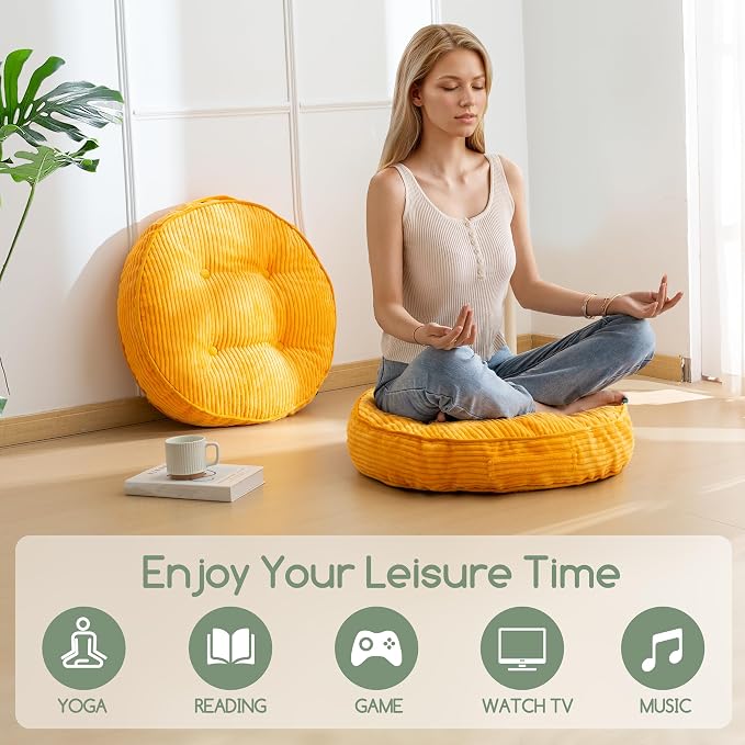 HIGOGOGO Floor Pillow Cushion for Adults, Meditation Cushion Pillow, Large Round Floor Sitting, Tufted Corduroy Cover, for Tatami Living Room or Yoga, 22x22 Inch, Orange