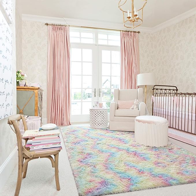 AROGAN 6x9 Feet Soft Rainbow Area Rugs for Girls Room, Fluffy Girls Bedroom Rugs, Princess Rug, Cute Colorful Carpet for Kids Teens Nursery Toddler, Pink