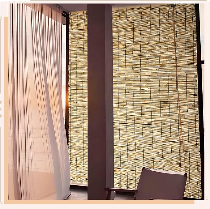 Reed Roller Shades,2 Pcs 48" W x 72" H Waterproof Privacy Screen Bamboo Outdoor Blind, Reed Curtain for Porch, Patio, Yard, Windows (Natural)