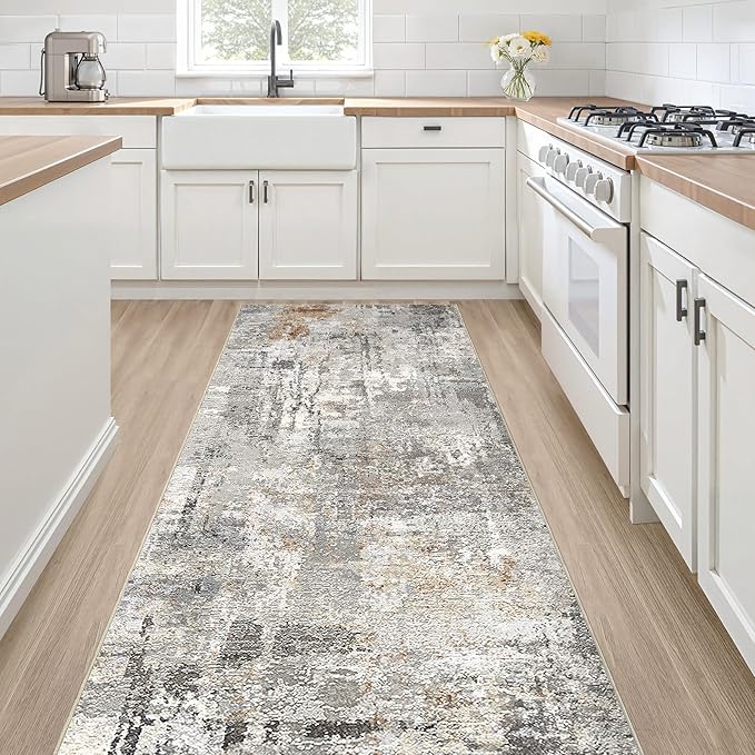 Runner Rug Kitchen Washable Rugs: 2x6 Non-Slip Abstract Soft Modern Stain Resistant Indoor Floor Neutral Accent Throw Carpet for Hallway Bathroom Laundry Room Entryway Bedroom- Gray Rust