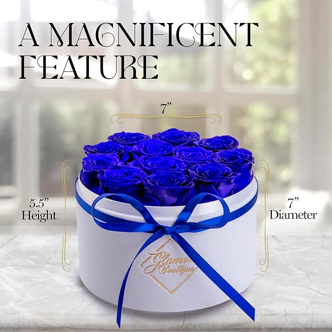 GLAMOUR BOUTIQUE Flower Forever Gift Box, 12 Real Preserved Roses in Round Velvet White Box, Handmade Floral Gift with Rose Petals for Birthday, Anniversary or Graduation, Blue (Color-Treated)