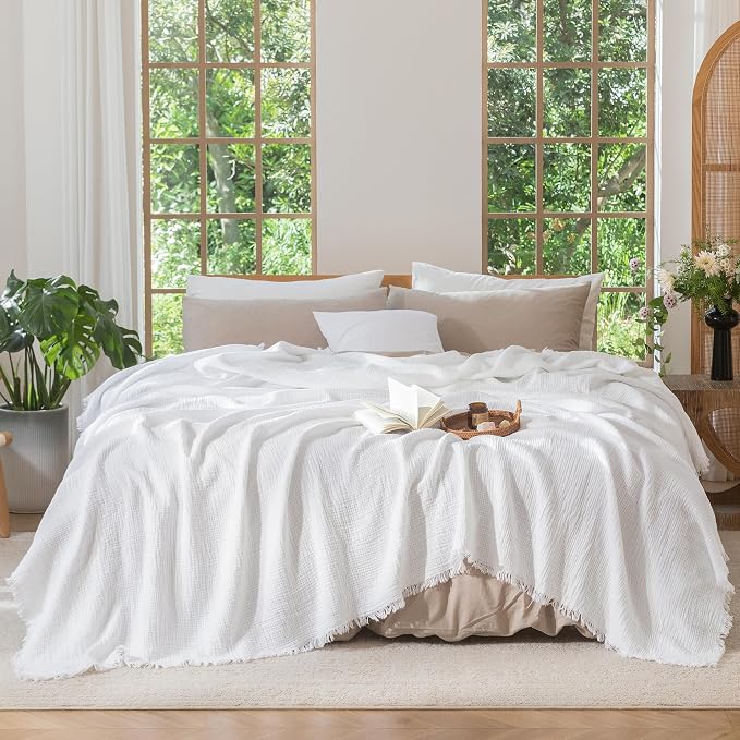 MooMee Muslin Blanket - 100% Cotton 4-Layer Gauze Throw Blanket with All-Around Fringe, Soft Breathable Lightweight Cooling Summer Blankets for Bed Couch (Bright White,Oversize Queen 98" x 98")