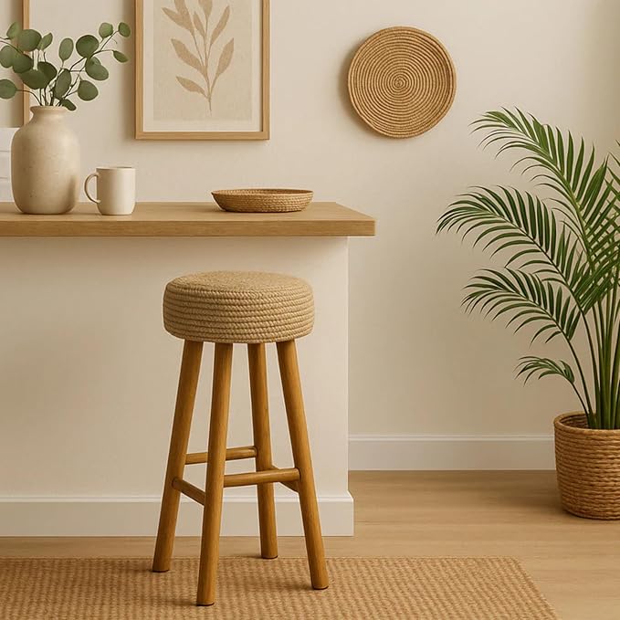 NORDIC STYLE TEAK Kuta Natural Teak Wood Indoor Branch Stool and Accent Seat with Raffia Seat - 18.5" - 30" (30" Height)