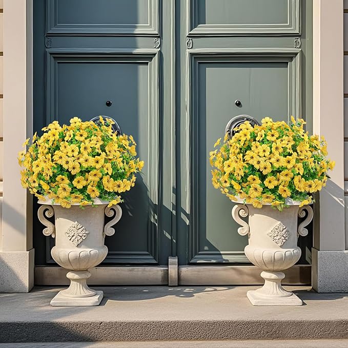 Ouddy Decor 12 Bundles Artificial Flowers for Outdoors Fake Silk Flowers UV Resistant Faux Plastic Plants for Spring Summer Garden Porch Window Box Table Vase Home Indoor Outdoor Decoration, Yellow