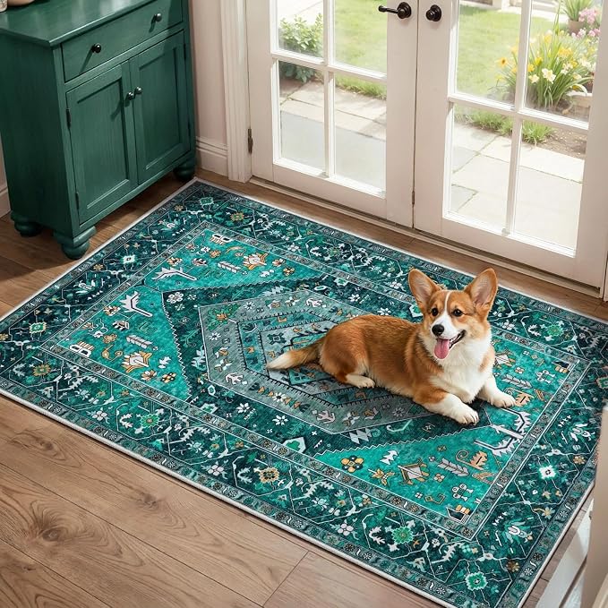 SERISSA 2x4 Boho Rugs for Entryway, Washable Non-Slip Kitchen Runner Rug, Ultra Soft Small Area Rug Vintage Teal Low-Pile Door Mat Indoor Entrance Carpet for Bedroom Hallway Laundry Room Bathroom